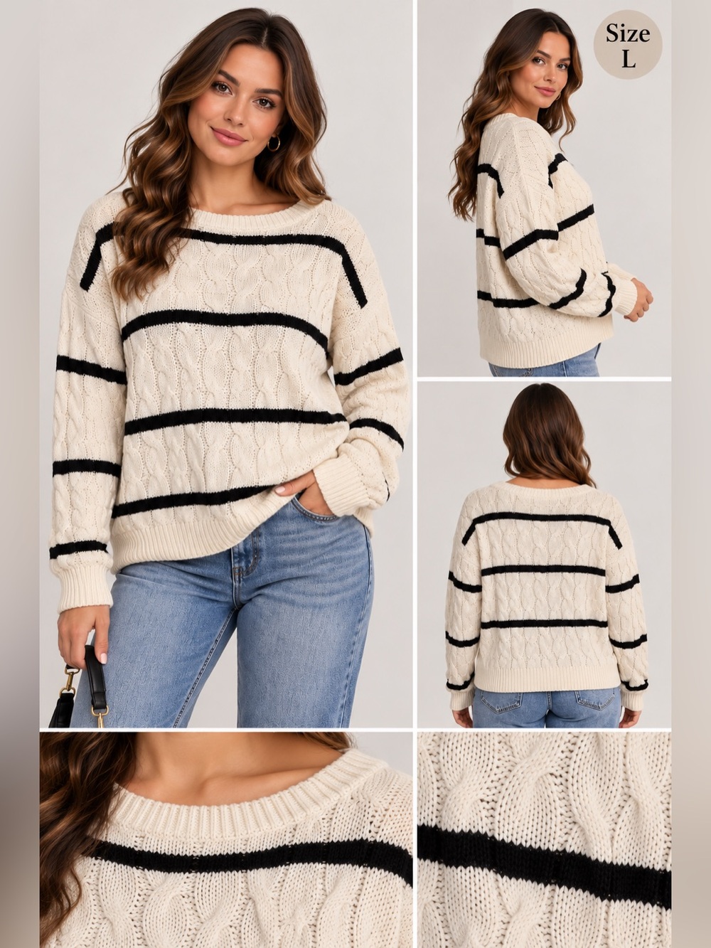 Cream Cable Knit Sweater with Black Stripes - Women's